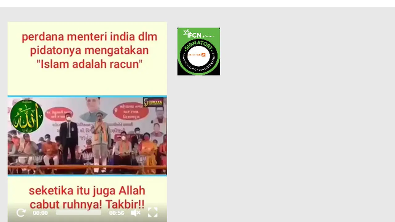 Tangkapan layar klaim Perdana Menteri India meninggal saat pidato mengatakan Islam adalah racun
