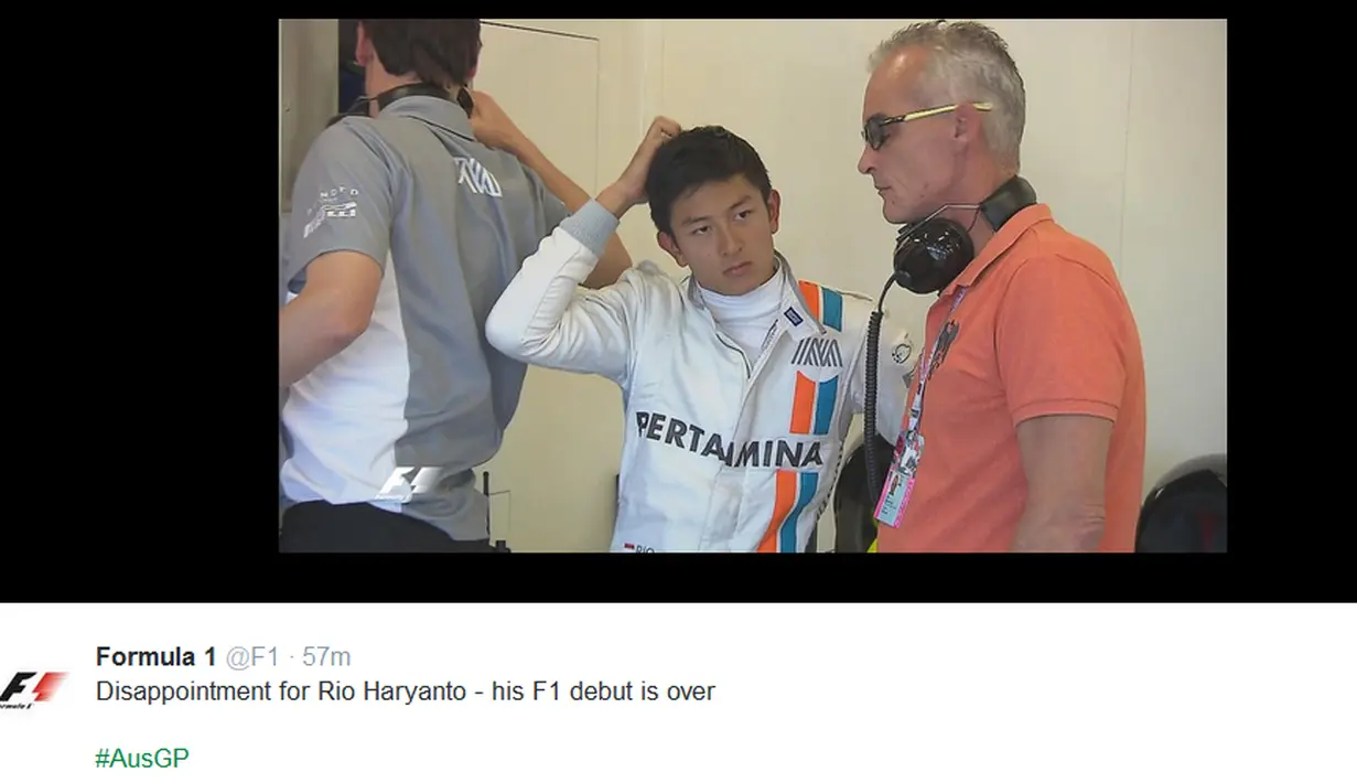 Pebalap Manor Racing asal Indonesia, Rio Haryanto, harus mengakhiri debutnya pada ajang F1 lebih cepat. Rio tak bisa melanjutkan balapan F1 GP Australia, Minggu (20/3/2016), karena mengalami kerusakan pada mobilnya. (Bola.com/Twitter)