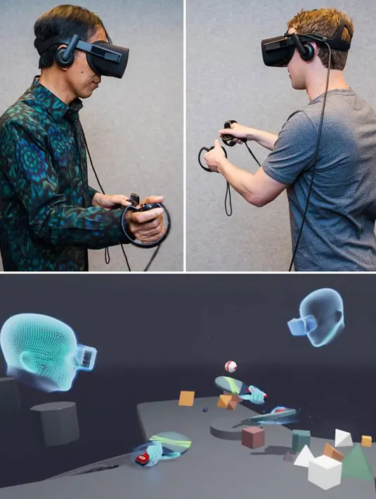 Presiden Jokowi ditemani pendiri sekaligus CEO Facebook, Mark Zuckerberg, melakukan demo teknologi virtual reality (Oculus Rift) saat berkunjung ke kantor Facebook di Silicon Valley, San Fransisco, Rabu (17/2). (facebook.com/zuck)
