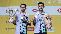 Ganda putra Indonesia Fajar Alfian/Muhammad Rian Ardianto menjadi runner-up Korea Open 2023 di Jinnam Stadium, Yeosu, Korea, Minggu (23/7/2023). (PBSI)