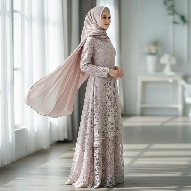 9 Model Gamis Brokat Modern dengan Hijab Pashmina, Tampil Anggun dan Kekinian