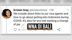 Seorang wanita asal Amerika Serikat bernama Kristen Gray mendadak viral setelah ia mengajak warga asing lainnya untuk pindah ke Bali di tengah pandemi Covid-19. Ia dan pasangannya juga mengaku tidak membayar pajak pada pemerintah, dan menjanjikan vis...