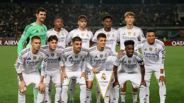 Starting XI Real Madrid ketika bertamu ke markas Kairat Almaty di matchday 2 league phase Liga Champions 2025/2026 di Ortalyq Stadion, Selasa (30/09/2025). (AP Photo/Alikhan Sariyev)