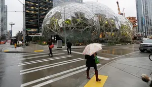 Pejalan kaki melewati The Spheres, kantor bernuansa hutan hujan yang baru dibuka Amazon, di Seattle, AS, Senin (29/1). The Spheres terdiri dari tiga rumah kaca berukuran bulat yang menaungi 40.000 jenis tanaman dari 400 spesies. (AP/Ted S. Warren)