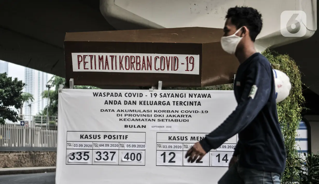 Warga berjalan dekat Tugu Peti Mati Covid-19 di kawasan Sudirman, Jakarta, Minggu (6/9/2020). Dinas Kesehatan DKI Jakarta menyatakan positivity rate Covid-19 pada sepekan terakhir naik 13,1 persen atau melebihi standar yang ditetapkan WHO yakni lima persen. (merdeka.com/Iqbal S. Nugroho)