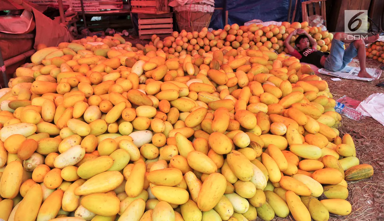 Pedagang timun suri menunggu pembeli di pasar Induk, Kramat Jati, Jakarta, Senin (5/7). Harga timun suri dijual dengan kisaran Rp12-15 ribu untuk per kilogramnya. (Liputan6.com/Yoppy Renato)