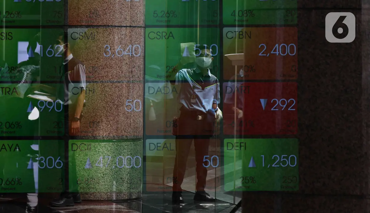 Aktivitas pekerja di depan layar Indeks Harga Saham Gabungan (IHSG) di BEI, Jakarta, Senin (3/1/2022). Pada pembukan perdagagangan bursa saham 2022 Indeks Harga Saham Gabungan (IHSG) langsung menguat 7,0 poin atau 0,11% di level Rp6.588,57. (Liputan6.com/Angga Yuniar)