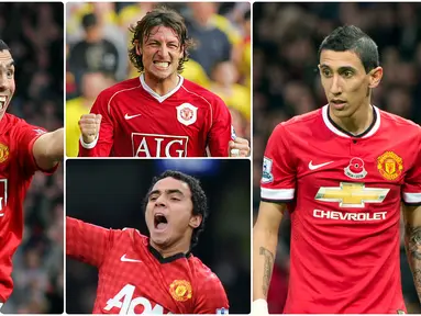 Sejarah mencatat Manchester United menjadi klub yang doyang merekrut pemain asal Amerika Latin di era kepemimpinan Sir Alex Ferguson. Carlos Tevez, Veron hingga Angel Di Maria pernah berseragan The Red Devils. Berikut pemain Manchester United asal Amerika Latin. (Kolase foto AFP)