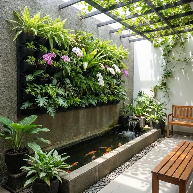Ide Teras Adem Kombinasi Tanaman Hias dan Kolam Mini
