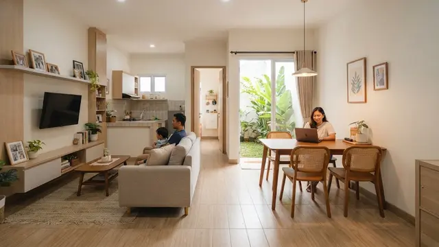 Desain rumah 3 kamar yang tetap lega tanpa menambah luas bangunan model ruang keluarga menyatu dengan ruang makan