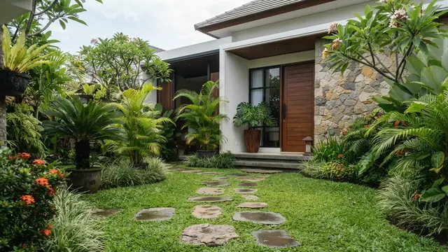 Model Teras dengan Kombinasi Batu Alam dan Rumput Gajah Mini