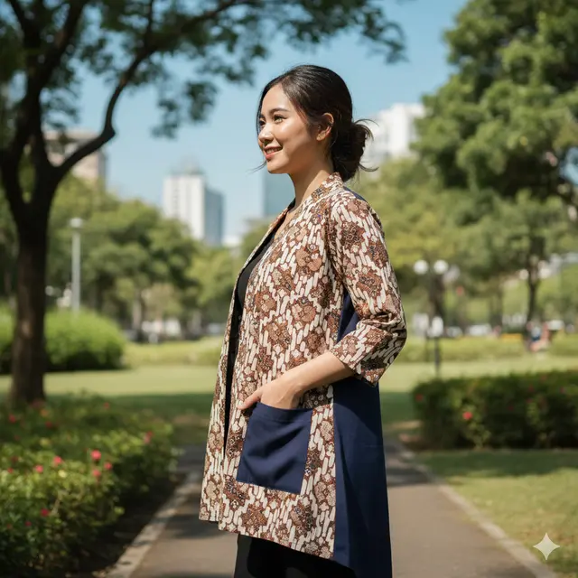 Outer Batik Wanita Motif Kawung Aksen Polos