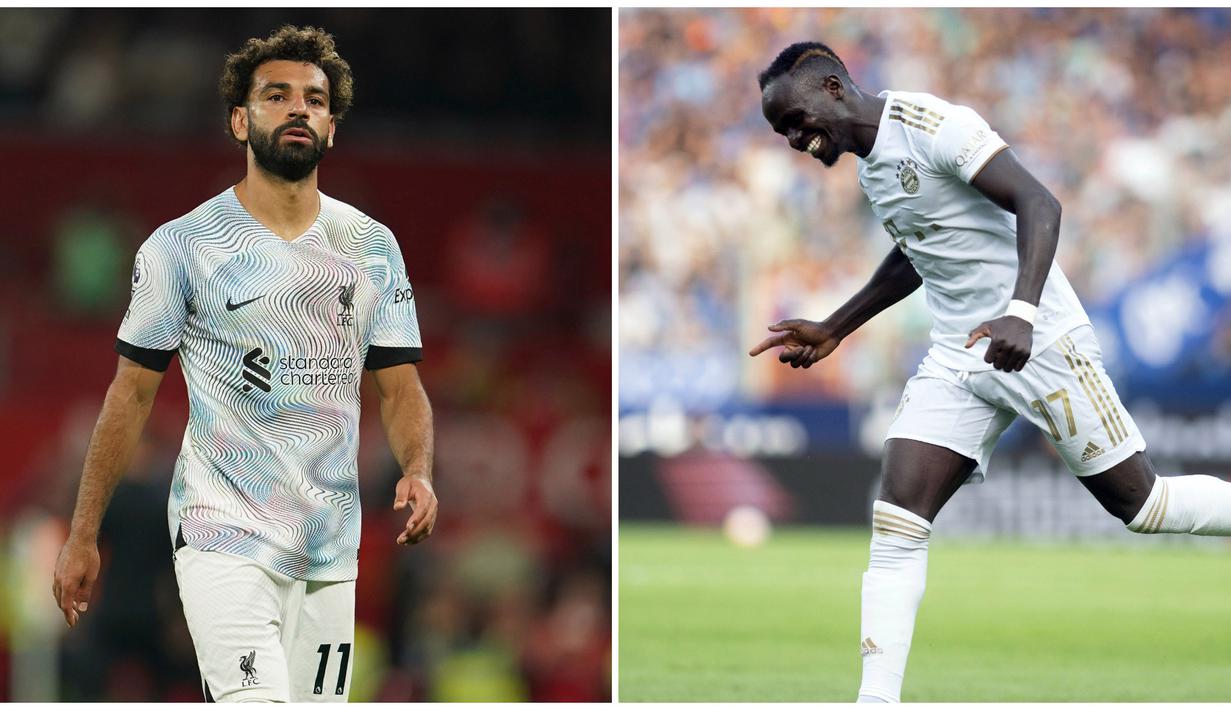 Foto kombo Mohamed Salah (kiri) dan Sadio Mane pada laga ketiga Liverpool dan Bayern Munchen di musim 2022/2023. Sadio Mane berhasil mencetak brace dan membawa Bayern Munchen telak 7-0 atas VfL Bochum. Sedangkan Mohamed Salah berhasil mencetak satu gol namun Liverpool dikalahkan MU 1-2 dan ini menjadi kekalahan perdana Liverpool di musim ini. (Foto: AP Photo/Dave Thompson, AP via DPA/Bernd Thissen)
