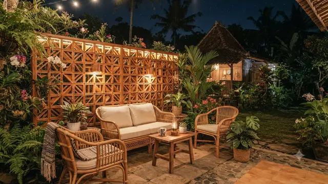 Outdoor Lounge Menggunakan Roster sebagai Dinding Privasi dengan Estetika Terbuka Tapi aman Model Kayu Nuansa Alami