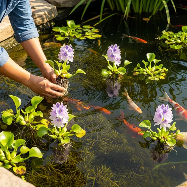 Menanam Enceng Gondok di Kolam Ikan (Gemini AI)