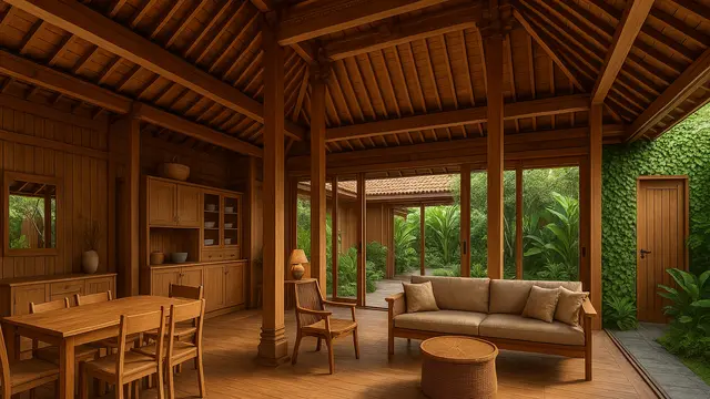 Model Rumah Kampung dengan Interior Kayu/Ilustrasi gambar oleh AI