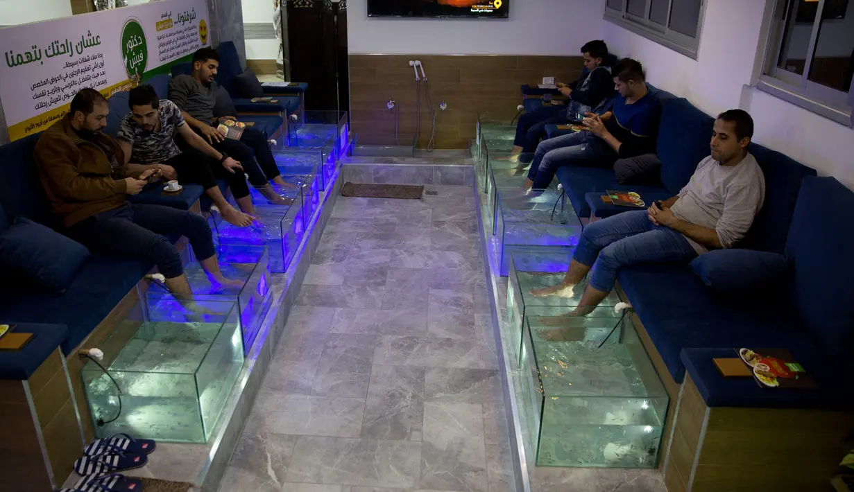Warga Palestina merendam kaki mereka dalam akuarium berisi ikan di sebuah kafe di Kota Gaza, Palestina, Rabu (26/12/2018). Pedikur ikan tersebut dibanderol dengan harga 30 syikal atau sekitar 8 dolar AS per 30 menit. (AP Photo/Khalil Hamra)