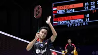 Tunggal putra Indonesia, Anthony Ginting, mengalahkan Chen Long pada perempat final China Terbuka 2018, di Changzhou, Jumat  (21/9/2018). (PBSI)