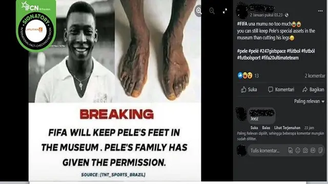 Gambar Tangkapan Layar Kabar tentang FIFA Simpan Kaki Pele di Museum (sumber: Facebook).