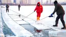 Sejumlah pekerja mengumpulkan es dari Sungai Songhua di Harbin, ibu kota Provinsi Heilongjiang, China timur laut (7/12/2020). Bongkahan es yang dikumpulkan dari Sungai Songhua yang membeku itu akan digunakan sebagai dekorasi kota tersebut. (Xinhua/Wang Song)