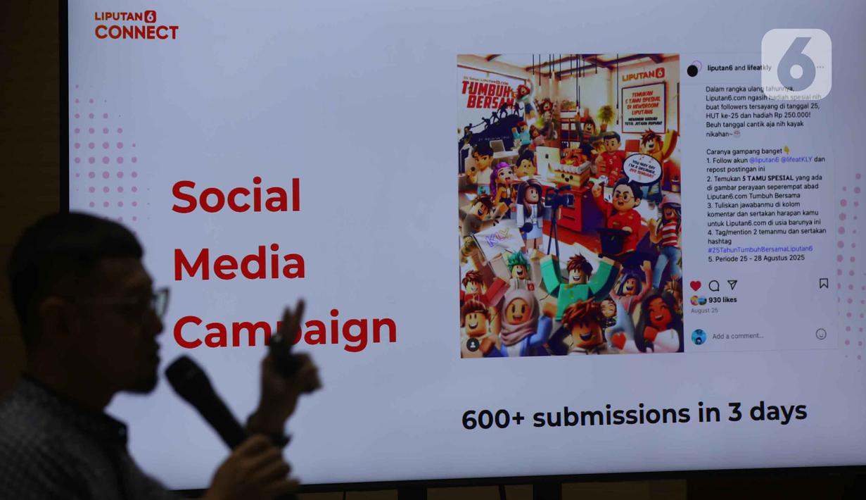 Dalam paparannya bertema The Key to Effective Social Media Performance,” Eko Setiawan, Social Media Manager KapanLagi Youniverse, menjelaskan pentingnya memanfaatkan dunia digital sebagai ruang untuk bertemu dengan audiens. Tampak dalam foto, Social Media Manager KapanLagi Youniverse, Eko Setiawan, saat memberikan presentasi materi pada program Liputan6.com Connect di kampus Vokasi Universitas Indonesia, Depok, Jawa Barat pada 11 November 2025. (Liputan6.com/Helmi Fithriansyah)