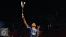 Pebulutangkis tunggal putra Indonesia, Tommy Sugiarto saat berlaga melawan Wei Nan (Hongkong) di Total BWF World Championships 2015 di Jakarta, Rabu (12/8/2015). Tommy kalah 24-26, 21-8, 20-22. (Liputan6.com/Helmi Fithriansyah)