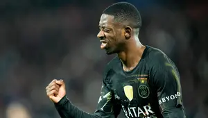 Selebrasi Ousmane Dembele dalam laga PSG vs Chelsea di leg pertama 16 besar Liga Champions 2025/2026, Kamis (12/3/2026). (AP Photo/Michel Euler)