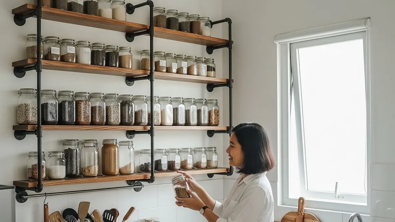 Dapur dengan Penggunaan Rak Ambalan Terbuka (Gemini AI)