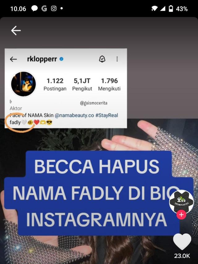 Rebecca Klopper hapus nama Fadly Faisal (Foto TikTok @gaismocerita)