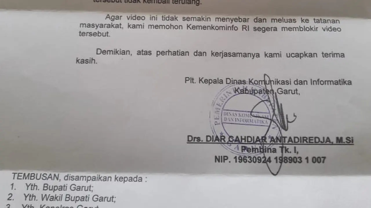 Salinan surat resmi permohonan pemblokiran video Vina Garut yang dilayangkan Pemerintah Daerah Garut