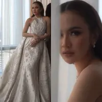 Lihat di sini penampilan memukau Mahalini Raharja di resepsi pakai gaun halterneck rancangan Hian Tjen.