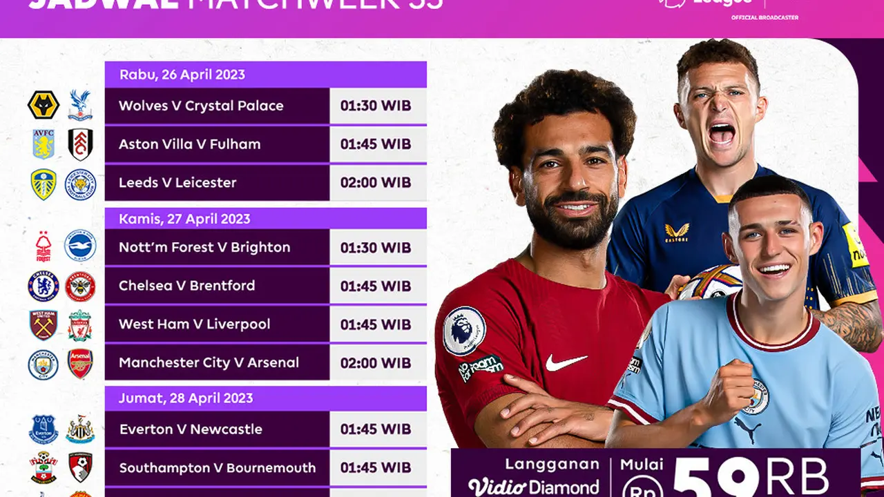 Daftar Pertandingan Liga Inggris 2022/2023 Matchweek 33 di Vidio, 26-28 April 2023