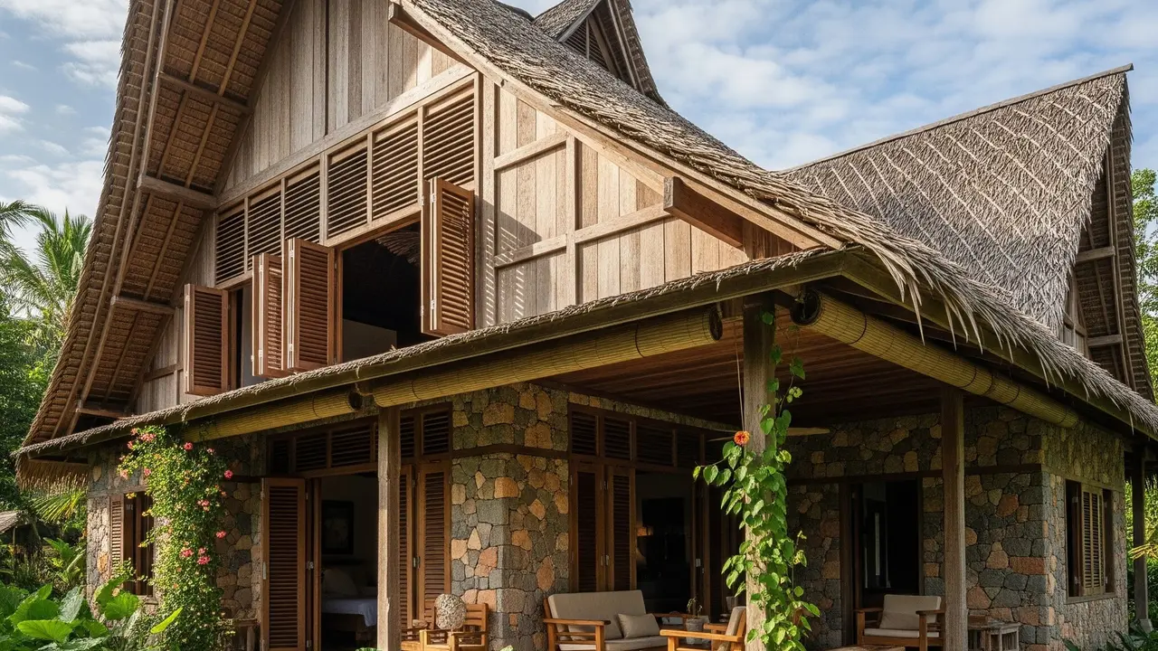 Model Rumah Desa dengan Kombinasi Material Kayu dan Batu Alam (Gemini AI)