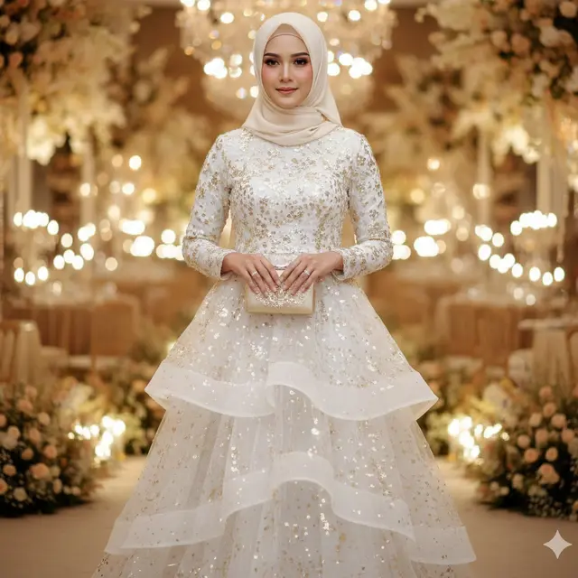 Model Gamis Cloud Dancer Kombinasi Gold untuk Kondangan Glamor