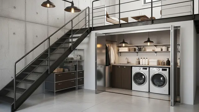 Inspirasi Rumah Kecil Mezzanine dengan Area Laundry Tersembunyi di Bawah Tangga/ Ilustrasi gambar AI
