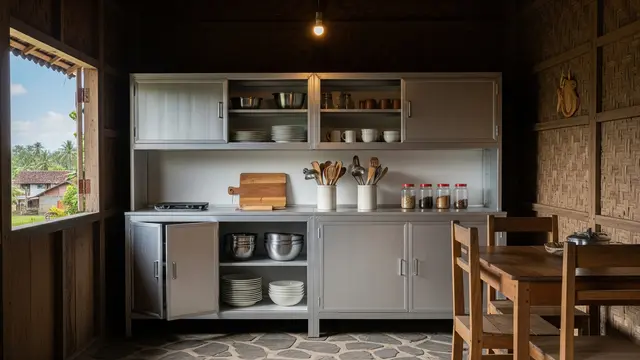 Lemari Dapur Aluminium Kombinasi Rak Terbuka dan Tertutup