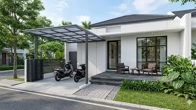 Ide Kanopi Teras Depan Rumah yang Cocok untuk Parkir Motor dan Santai. Gemini