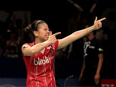 Selebrasi unik Greysia Polii setelah berhasil mengalahkan pasangan ganda puteri Tiongkok