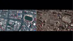 Foto kombinasi yang dibuat citra satelit handout milik Maxar Technologies pada 8 Februari 2023 ini menunjukkan bangunan dan stadion di Kahramanmaras, Turki pada 26 Juli 2022 (kiri), sebelum gempa bumi berkekuatan 7,8 SR yang melanda wilayah tersebut pada 6 Februari 2023, dan foto kanan menunjukkan bangunan yang hancur dan tempat penampungan darurat di stadion di Kahramanmaras, Turki pada 8 Februari 2023, setelah gempa bumi berkekuatan 7,8 SR yang melanda wilayah tersebut. (AFP/CITRA SATELIT &copy;2023 MAXAR TECHNOLOGIES)
