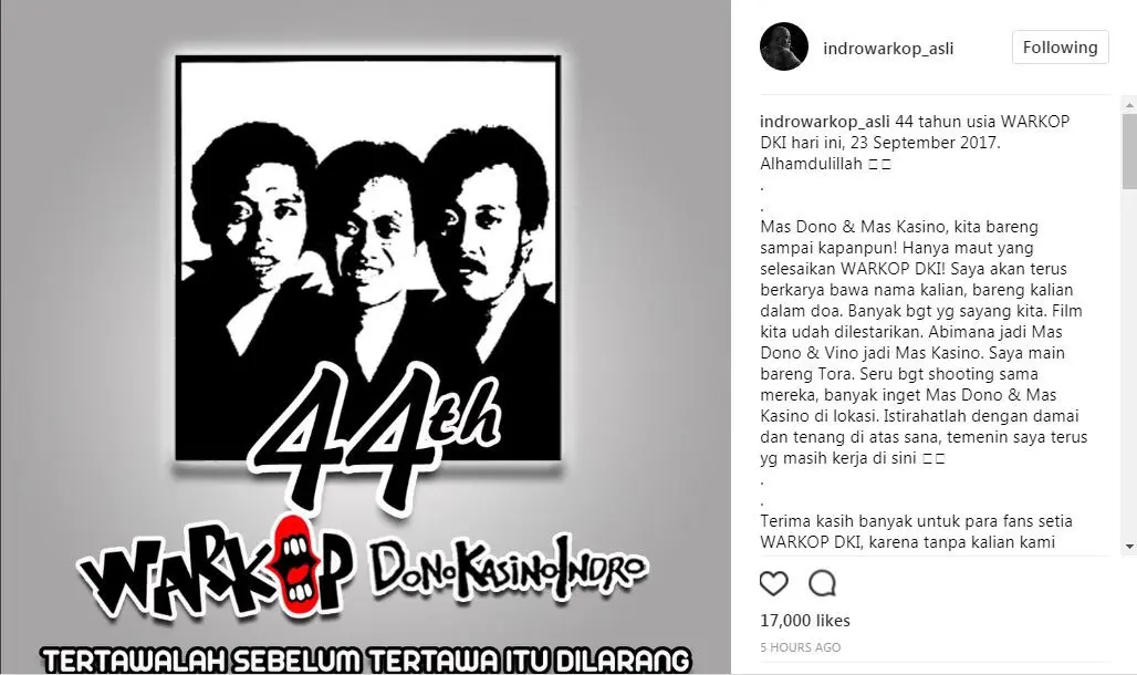 Warkop Ultah ke-44, Indro berdoa untuk mendiang Kasino dan Dono (Foto: Instagram)