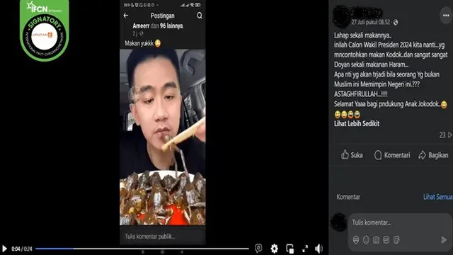 Gambar tangkapan layar video yang diklaim Wakil Presiden Terpilih, Gibran Rakabuming Raka menyantap katak. (sumber: Facebook)