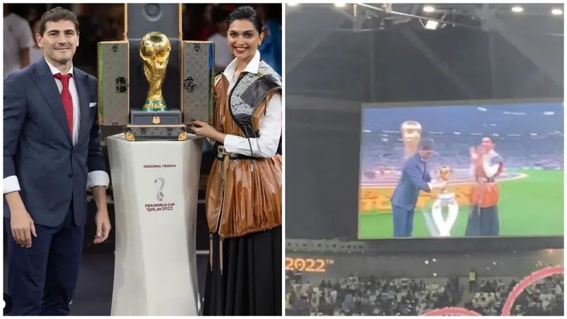 Deepika Padukone bawa trofi Piala Dunia 2022 bersama pesepakbola Iker Casillas (Foto: Instagram @louisvuitton/@ranveersingh)