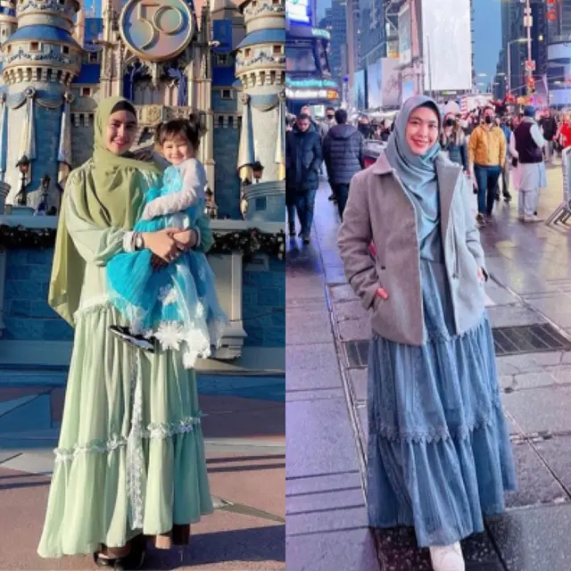 Gaya pakaian Kartika Putri dan Oki Setiana Dewi saat di Amerika Serikat/dok. (@kartikaputriworld/@okisetianadewi)
