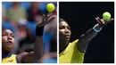 Petenis Amerika Serikat, Coco Gauff (kiri) dan Serena Williams melakukan servis ke arah lawan di turnamen Australia Open. (Foto Kolase: AP Photo/Andy Wong dan AFP/Paul Crock)