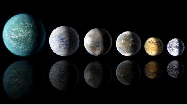 Ilustrasi planet yang ditemukan Kepler: Kepler-22b, Kepler-69c, Kepler-452b, Kepler-62f, Kepler-186f, dan akhirnya Bumi