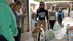 Aktris AS, Pamela Anderson menyambangi sebuah kamp untuk imigran di Calais, Prancis, 3 Mei 2017. Pamela Anderson membantu kegiatan relawan di kamp tersebut, seperti memasak dan memilah selimut. (FRANCOIS LO PRESTI/AFP)