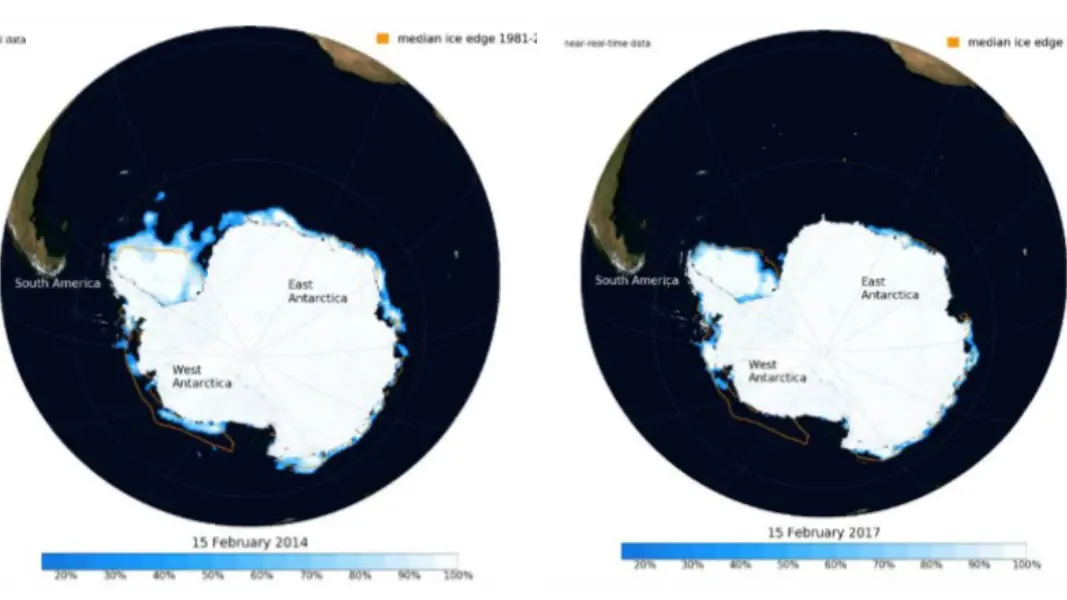 Perbedaan luas es di Antartika pada Februari 2014 dan 2017. (National Snow and Ice Data Center/NASA Earth Observatory)