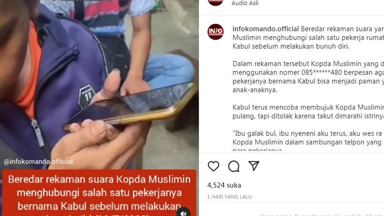 Viral rekaman kopda Muslimin sebelum meninggal diduga bunuh diri tenggak racun. (Foto: Tangkapan layar IG @infokomando)