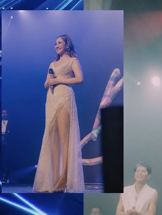 BCL tampil menawan dengan slit dress berkilau warna putih tanpa lengan, dengan rambut terurainya. [@bclsinclair]