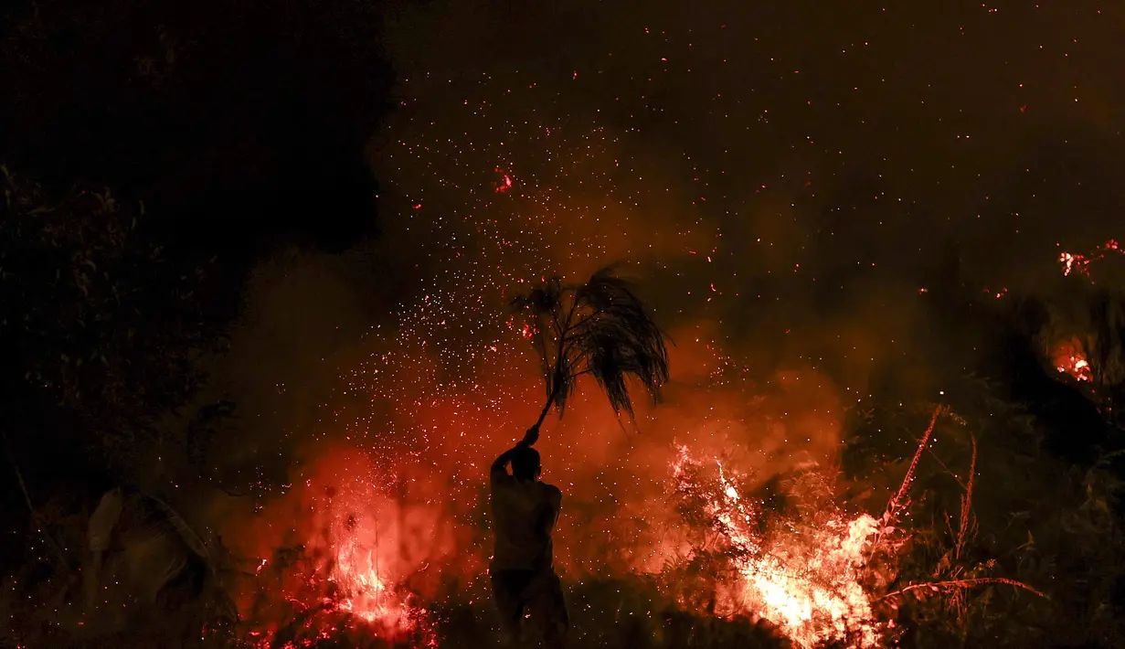 Seorang pria mencoba memadamkan api dengan dahan pohon di Trancoso, Portugal, pada 12 Agustus 2025. (PATRICIA DE MELO MOREIRA/AFP)